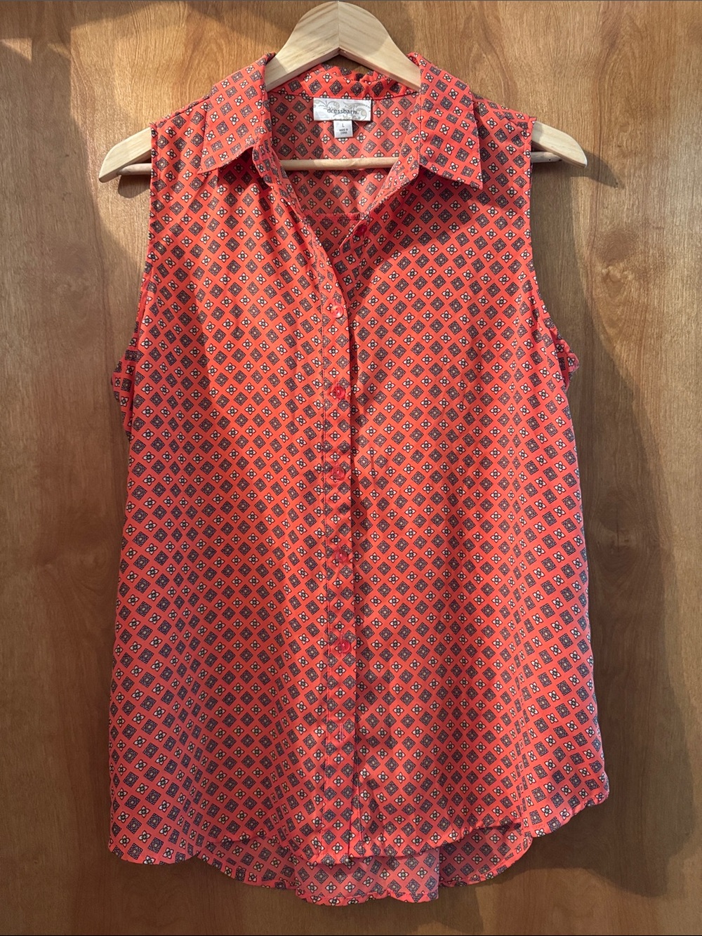 Dress Barn Coral Printed Sleeveless Button-Down Shirt